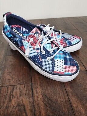 Sperry Women's Navy Red White Patchwork Plaid Sneakers